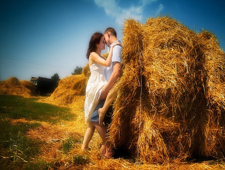 Stealing time alone - pretty, sunny, wom, romance, love, man, straw, hay, field, golden