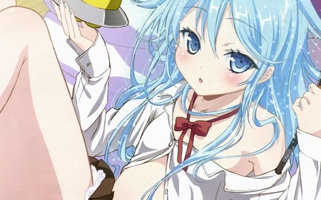 anime girl - ice blue hair, girl, blue eyes, bow necklace, sparkle, tiny, shirty, anime, blush, cute