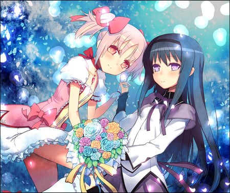 friends - pretty, anime, bows, blush, light, pink, flowers, girls, intwined hands, purple, cute, ribbon