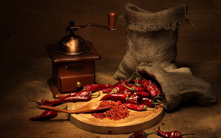 Dried Chili - abstract, dried, chili, red, photography, bag, grinder