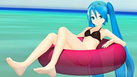 Summertime! - aqua, hot, swimsuit, thighhighs, music, anime girl, art, cool, aqua eyes, innertube, artistic, hatsune miku, sexy, song, vocaloids, program, vocaloid, beautiful, diva, realistic, beauty, nice, beach, water, twintail, singer, aqua hair, virtual, pretty, ssea, idol, anime, miku, cute, ocean, girl, realism, cg, real, hatsune, bikini, blue, awesome, digital