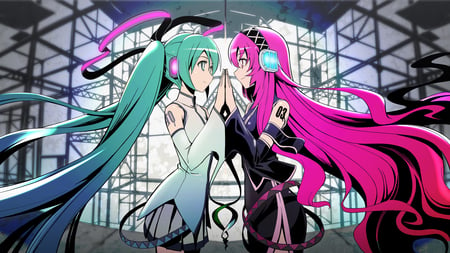 Hatsune Miku & Megurine Luka - aqua, hot, headset, thighhighs, music, anime girl, white, art, desks, aqua eyes, artistic, hatsune miku, skirt, sexy, song, vocaloids, program, vocaloid, pink, uniform, diva, singer, aqua hair, black, virtual, idol, megurine luka, miku, megurine, luka, girl, pink hair, cg, hatsune, microphone, headphones, blue, tie, digital, outfit