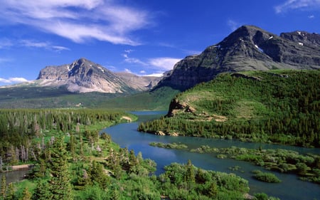 Landscape - river, nature, blue, green, landscape, forest, mountain, sky