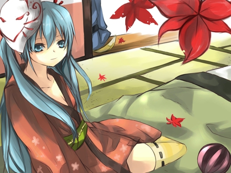 Hatsune Miku - pretty, artistic, flowers, bed, nice, anime boy, program, ball, hot, beauty, kimono, virtual, yukata, fall, cg, drawing, green, cute, traditional, aqua eyes, song, sexy, vocaloid, anime, twintail, hatsune miku, tail, leaves, robe, boy, music, aqua, mask, red, art, idol, futon, anime girl, beautiful, singer, girl, cool, miku, awesome, diva, painting, digital, aqua hair, hatsune, vocaloids