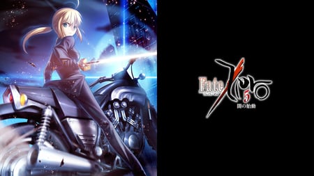 Saber - sword, excalibur, black, girl, blonde hair, gold, cool, servant, green eyes, fate stay night, anime, fate zero, night, light novel, knight, saber, motorcycle