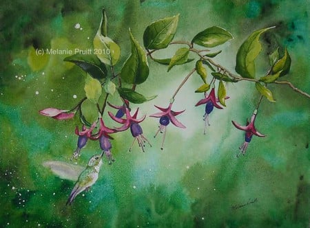 HUMMERS PAINTING - painting, purple, flowers, hummer, bird