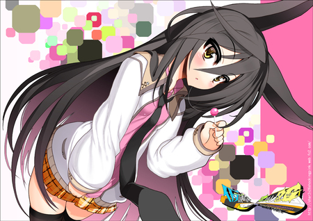 Anime - tie, yellow eyes, original, animal ears, thighhighs, long hair, necro-san, lollipop, black hair, char