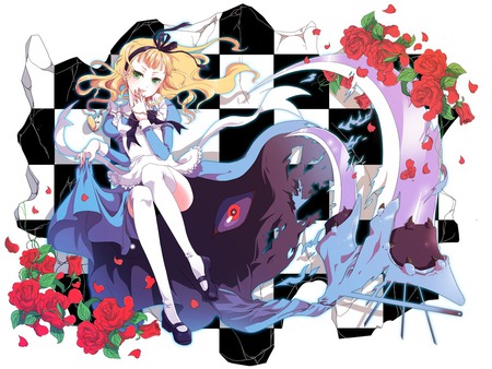 Alice in Wonderland - dress, alice in wonderland, flowers, blonde hair