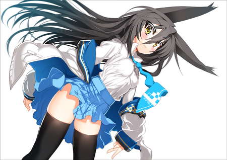 Necro-san - yellow eyes, skirt, animal ears, char, thighhighs, long hair, original, black hair, white, necro-san, tie, blush