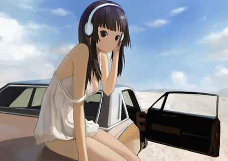 Akiyama Mio - anime, girl, long hair, akiyama mio, k-on, manga, headphones, white, car, black hair