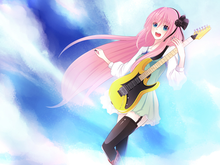 Megurine Luka - sey, aqua, hot, guitar, thighhighs, music, anime girl, stockings, white, art, yellow, cool, aqua eyes, artistic, skirt, song, vocaloids, program, bow, vocaloid, pink, beautiful, diva, happy, beauty, nice, sky, singer, black, virtual, pretty, megurine luka, idol, clouds, anime, cute, megurine, luka, girl, pink hair, cg, blue, awesome, smile, digital, outfit