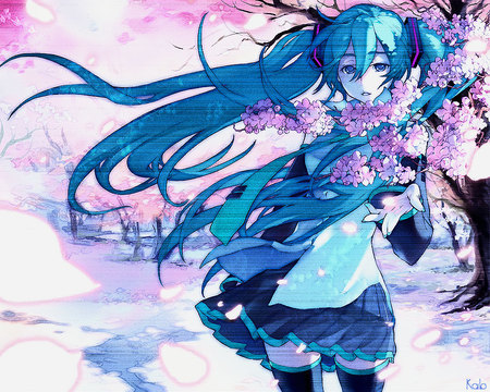 Hatsune Miku - idol, pretty, twin tails, vocaloid, skirt, singer, hatsune miku, pink, long hair, tree, flowers, diva, aqua eyes, cute, aqua hair, sexy