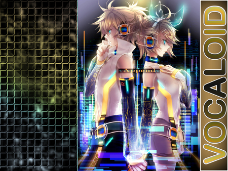 Kagamine Rin and Len - black, colorful, vocaloid, holding hands, headphones, append