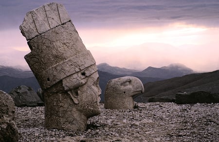 forever sunset - man head, old, statue, bird head