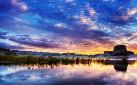 Sunset - nature, sky, lake, reflection, clouds, colorful, colors, sunset