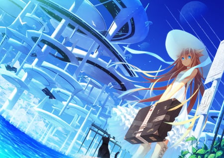 Original - hat, summer dress, cat, blue eyes, long hair, boots, anomal