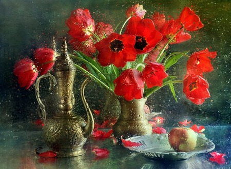 Dewy Poppies - water, dew, brass vase, red poppies, coffee pot, flowers, poppies, moisture, apple, plate