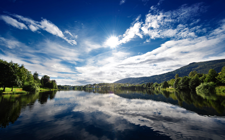 Norwegian Clarity - calm, clouds, reflections, water, blue, shoreline, beautiful, skies, nature, lakes