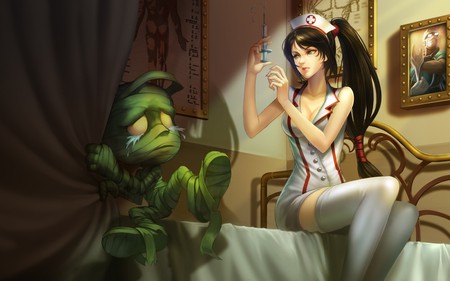 League of Legends - nurse, injection, syringe, doctors, akali, shen, mummy, cartoons, amumu, lol, league of legends, anime, fear