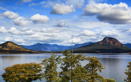 Lake Moogerah - clouds, blue, shoreline, beautiful, forest, skies, nature, mountains, lakes