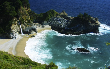 Julia Pfeiffer Burns SP - beaches, waterfall, waves, nature, beautiful, river, formations, rock, cliffs