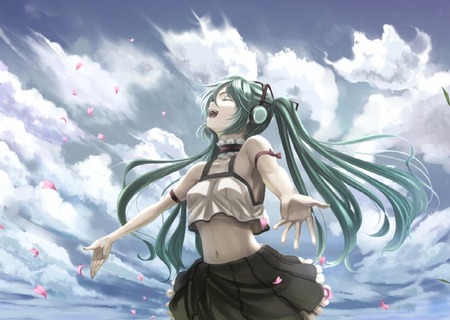 singing to my hearts content - dat, aqua, sakura, clouds, vocaloid, miku