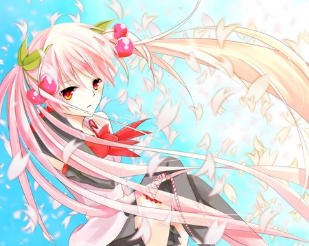 Sakura Miku - tie, pretty, artistic, pink, uniform, pink eyes, sad, nice, program, hot, thighhighs, beauty, virtual, love, petals, cg, white, song, sexy, bow, vocaloid, anime, worried, twintail, hatsune miku, music, aqua, red, sakura miku, sakura petals, pink hair, art, idol, anime girl, sakura, skirt, beautiful, singer, girl, cool, black, miku, awesome, diva, digital, depression, hatsune, vocaloids