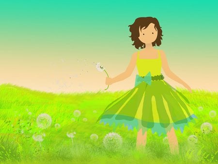 Spring girl - painting, girl, green, sunset, field, spring