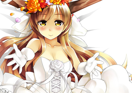 Suika Ibuki - yellow eyes, anime, alternative costumes, brown hair, long hair, wedding dress, horns, flowers, touhou, ibuki suika, blush tears