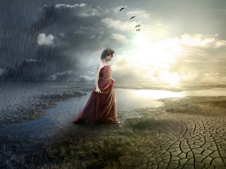 In The Middle Of Nowhere - storm, sunlight, abstract, river, fantasy, girl