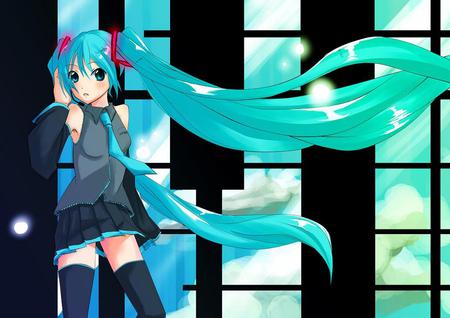 Hatsune Miku - virtual, blush, miku, digital, vocaloids, song, microphone, uniform, singer, cool, headphones, awesome, voclaoid, thighhighs, anime, twintail, blue, cg, petals, clouds, skirt, aqua hair, hatsune, black, cute, beautiful, girl, anime girl, white, program, aqua eyes, artistic, pretty, wind, aqua, beauty, art, diva, sky, nice, tie, idol, headset, music, hatsune miku