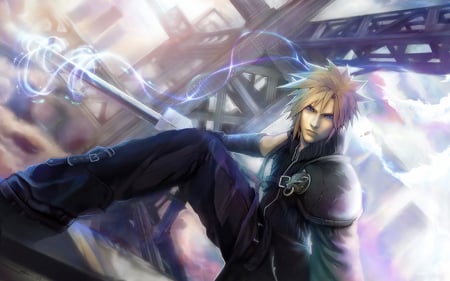 Cloud Strife - anime, ffvii, boots, final fantasy, male, cloud strife, weapon, ff7, spiky hair, blue eyes, final fantasy 7, sword, blonde hair, dissidia, final fantasy vii, cloud, games, video games, final fantasy dissidia