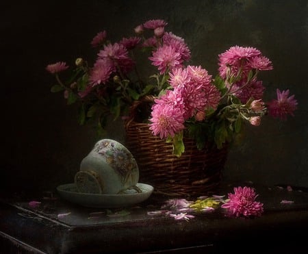 still life - nice, photography, basket, bouquet, still life, pretty, cool, petals, table, pink flowers, old, harmony, glass, chrysanthemums, lovely, cup, pink, beautiful, flowers, colors, porcelain, photo, flower