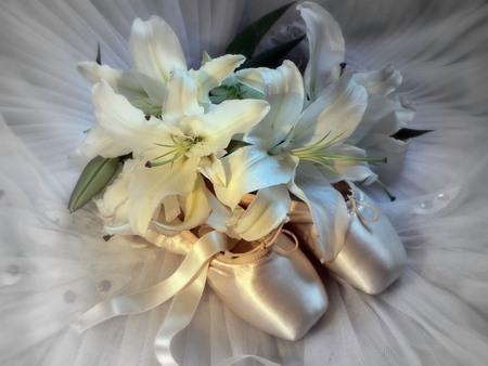 still life - nice, photography, ballet, music, bouquet, still life, white, art, lily, pretty, cool, harmony, shoes, lilies, silk, gentle, lovely, satin, beautiful, flowers, photo, elegantly, flower