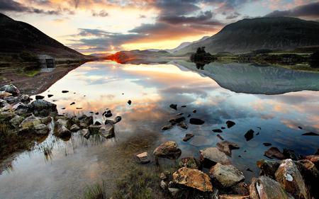 Sunset - clouds, landscape, grass, colors, reflection, sunset, nature, lake, mountains, sky, rocks