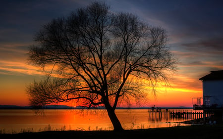 Sunset - clouds, house, colors, reflection, tree, pier, sunset, nature, lake, sky