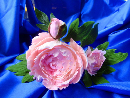 Peony on blue - peony, blue satin, flower, green leaves, pink