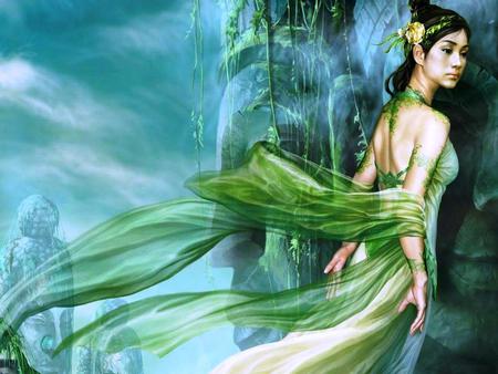 Beauty in Green - beauty, art, blue, water, green, fantasy