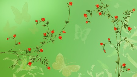 Red Roses on Green - art, abstract, green, flowers, firefox persona, red roses, butterflies