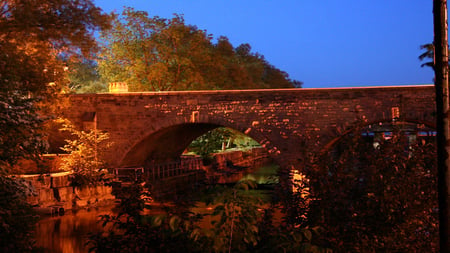 Bridge at Twilight - nightfall, ontario, stream, sunset, stratford, dark, evening, river, twilight, canada, stones, bridge