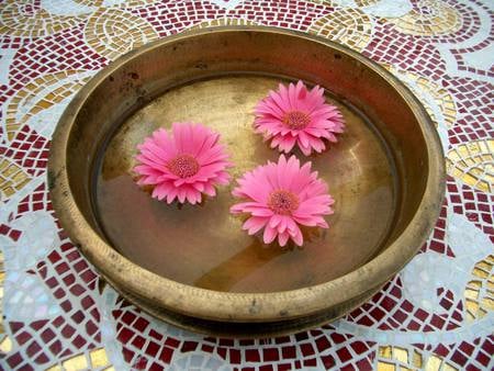 bowl - flowers, pink, bowl, bronze