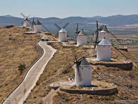 Windmills - white, architectures, windmills, medieval, peaks, wind