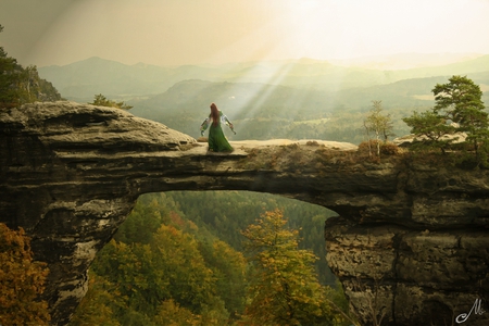 Freedom by MoffyCoffe - fantasy, girl, sunrise, forest, tree, bridge