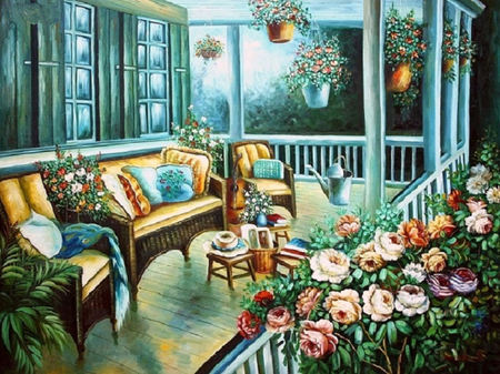 Lovely porch - windows, hat, porch, railing, pillows, chairs, plants, wicker, watering can, books, hanging, house, flowers