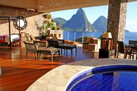 Lovely view - jade mountain, brick, tables, pillows, chairs, clock, lamp, pillar, mountain, stones, bed, pool, view, plants