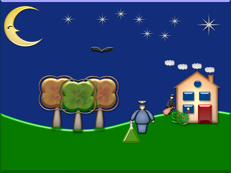 In the night - moon, tree, house, grass