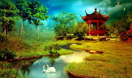 secret garden - garden, pond, swan, fantasy