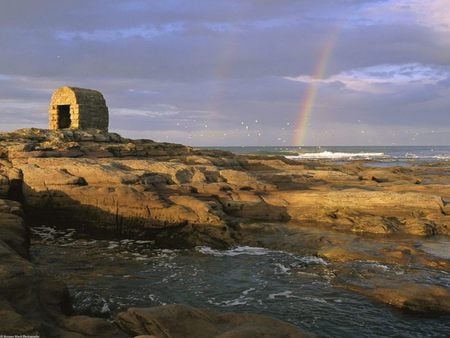 Rainbows over Scotland - scotland, hut, water, rainbow