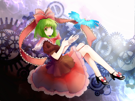 Kagiyama Hina - bird, game, anime, kagiyama hina, girl, green hair, touhou, bow, video game