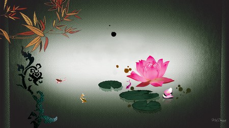 Oriental Water Lily and Koi - abstract, water lily, koi, fish, green, lily pads, firefox persona, bamboo